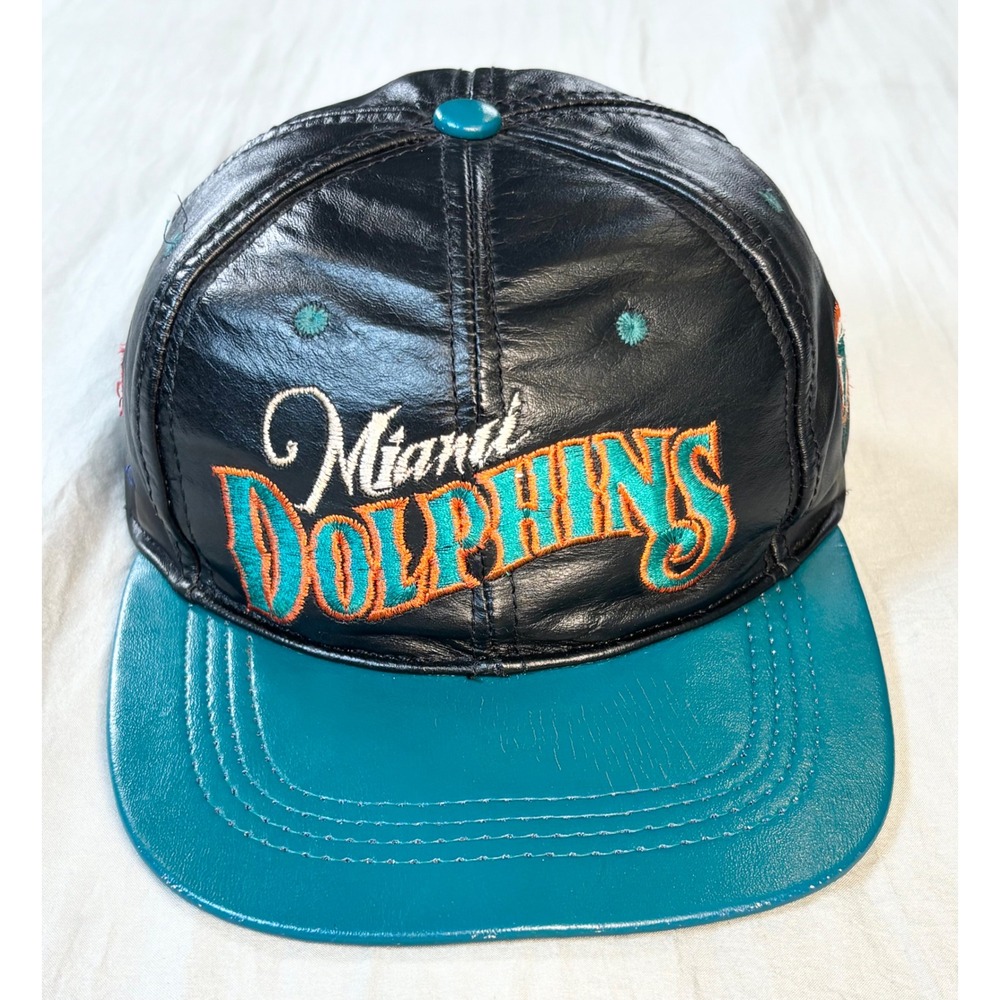 Vintage Miami Dolphins Leather Snapback Hat Black nfl branded black teal 90s